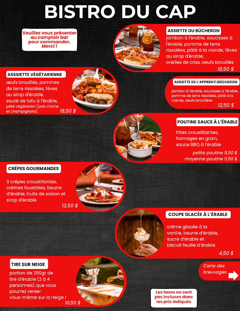 Menu, Érablière du Cap Inc