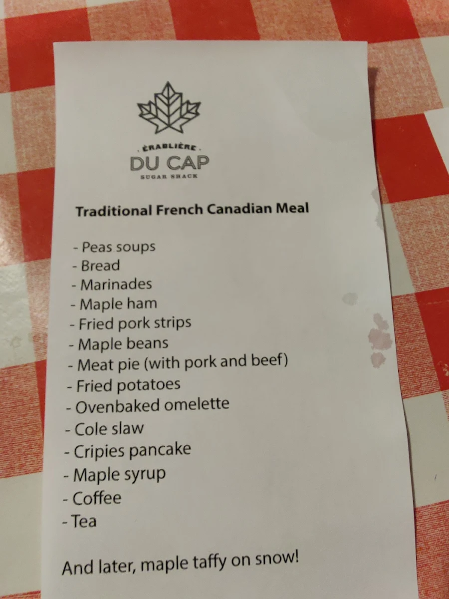 Menu, Érablière du Cap Inc