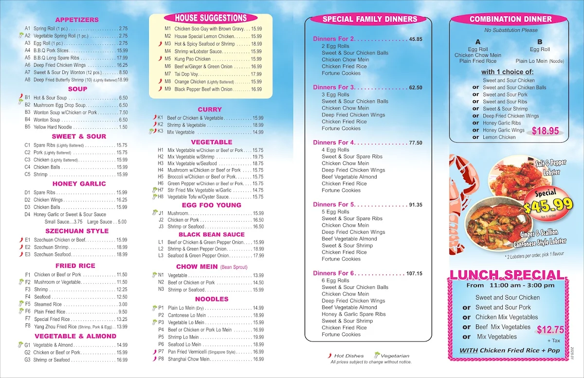 Menu, Tian He Chinese Restaurant