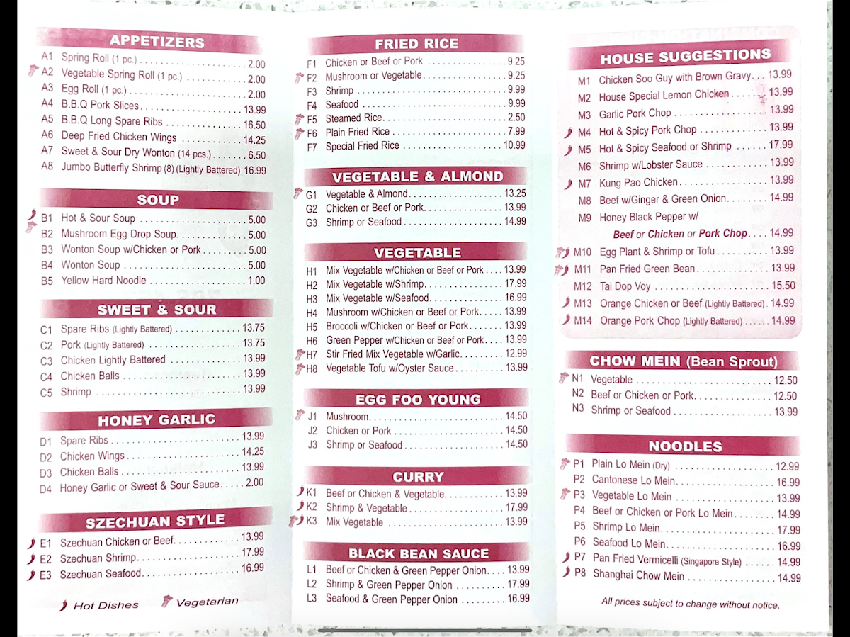 Menu, Tian He Chinese Restaurant