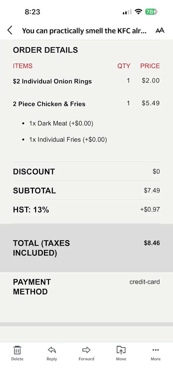 Menu, KFC