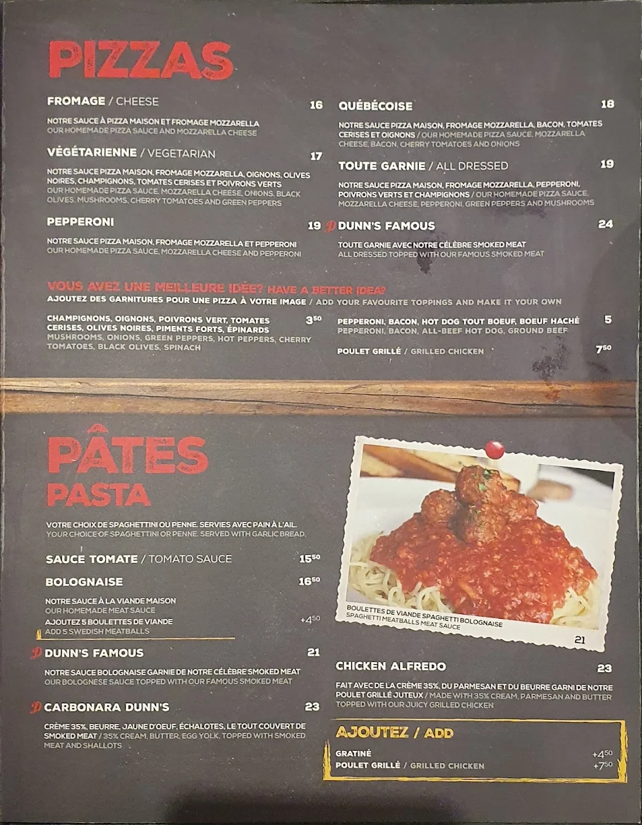 Menu, Dunn's Famous St-Eustache