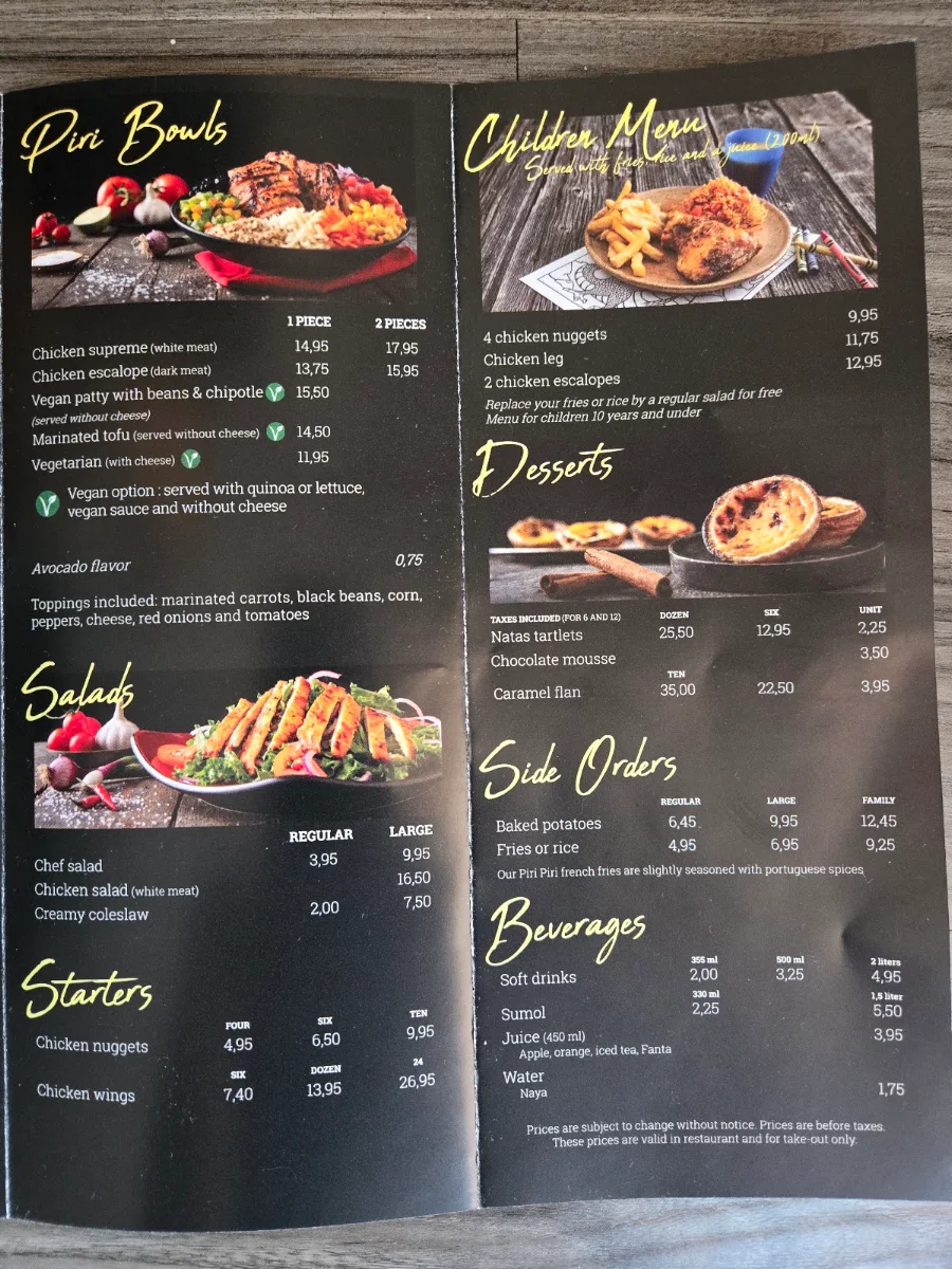 Menu, Rôtisserie Piri Piri (Marché Central)