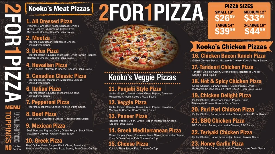 Menu, KOOKO'S PIZZA