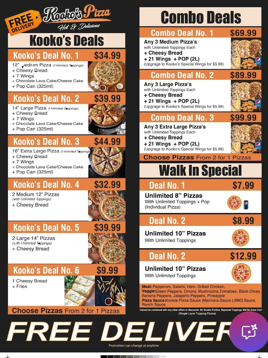 Menu, KOOKO'S PIZZA