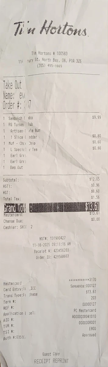 Menu, Tim Hortons