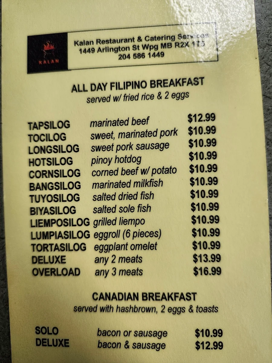 Menu, Kalan Restaurant and Catering Services