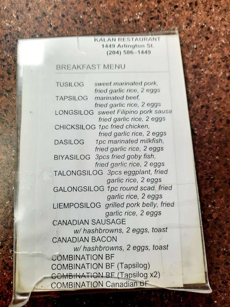 Menu, Kalan Restaurant and Catering Services