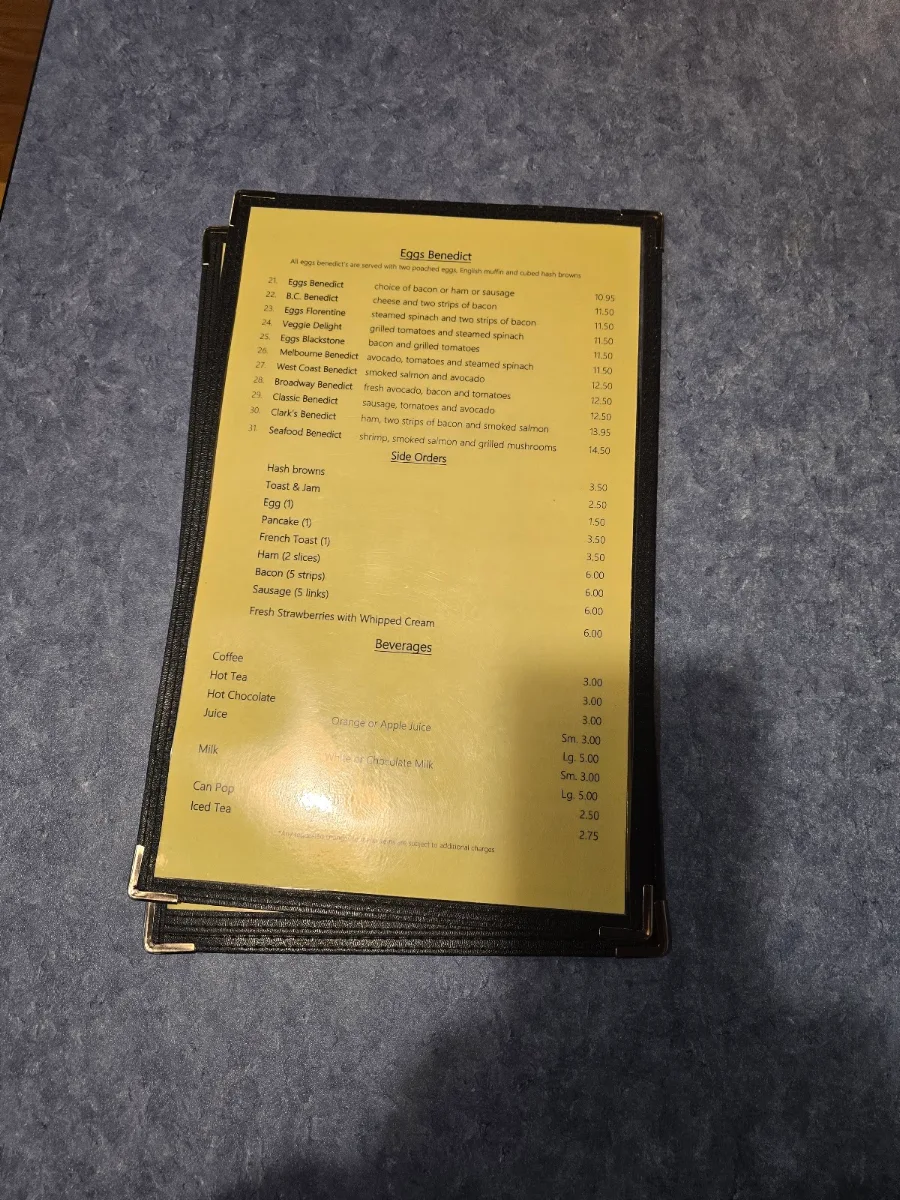 Menu, Clark's Restaurant