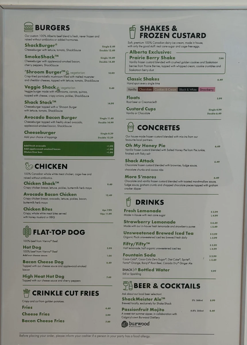Menu, Shake Shack - CF Chinook Centre
