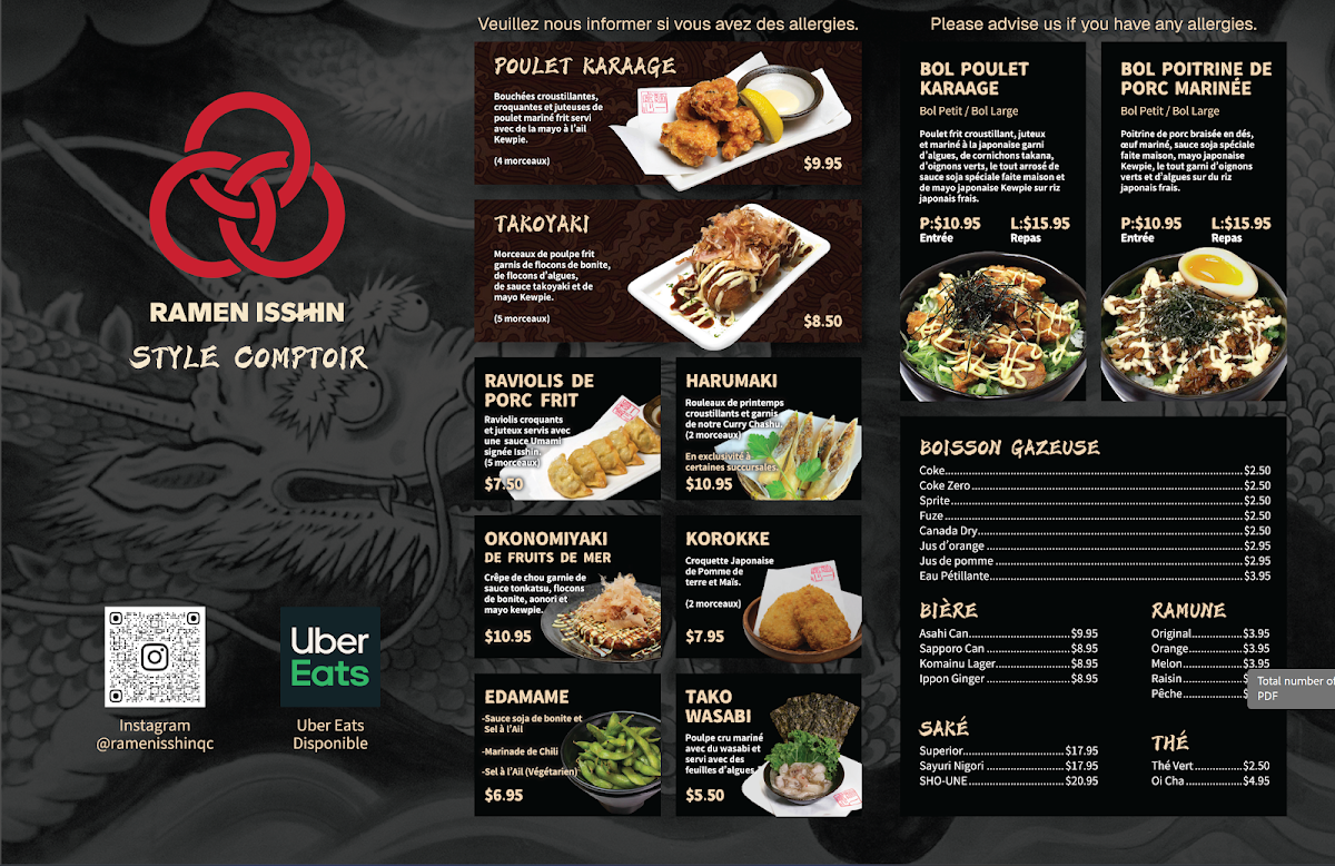 Menu, Ramen Isshin Ste Therese