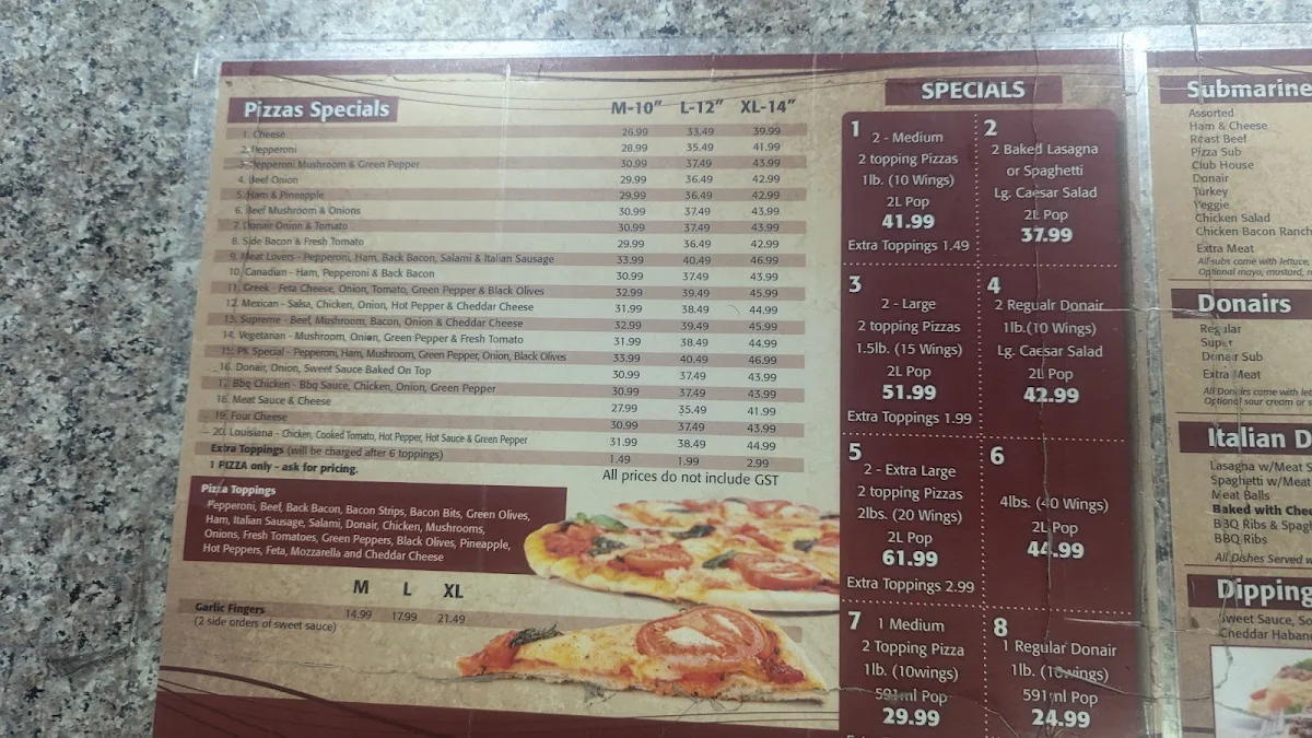 Menu, PK's Corner Pizza