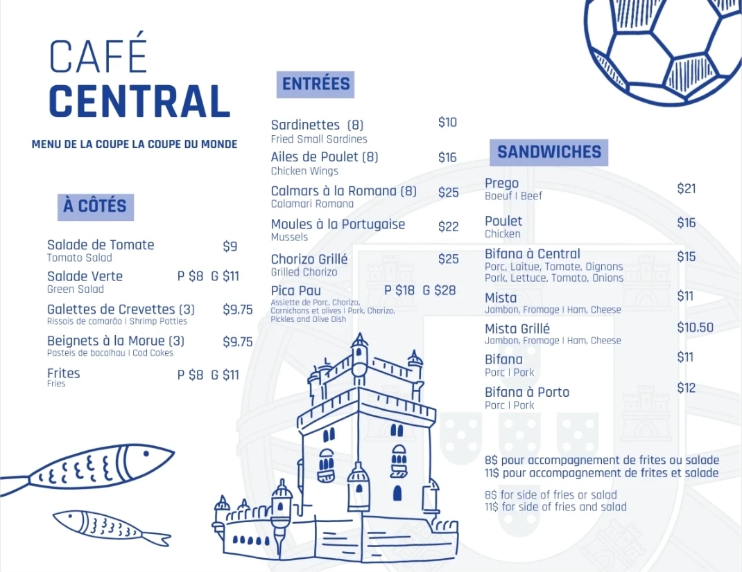 Menu, Café Central Portugais