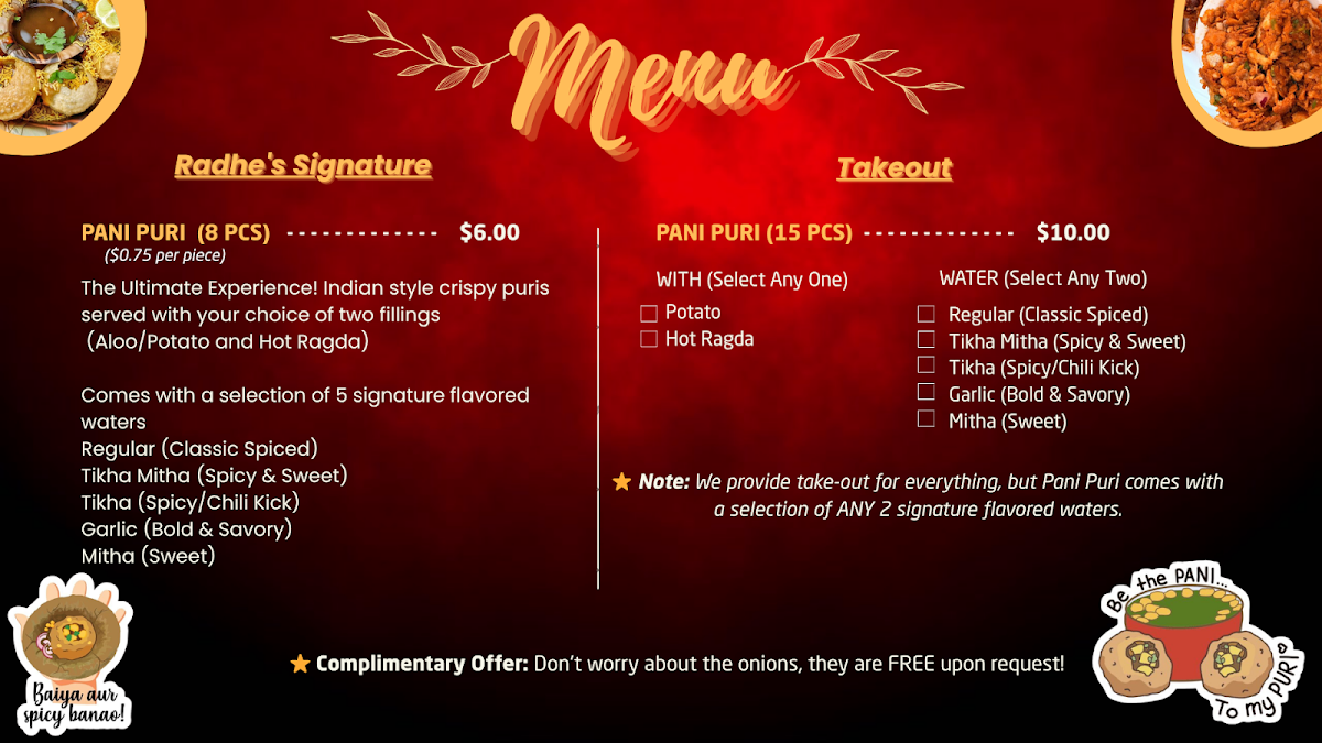 Menu, Radhe Pani Puri - Scarborough
