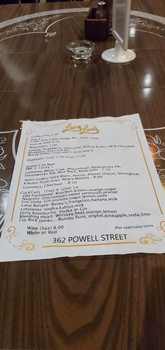 Menu, LanaLou's Restaurant
