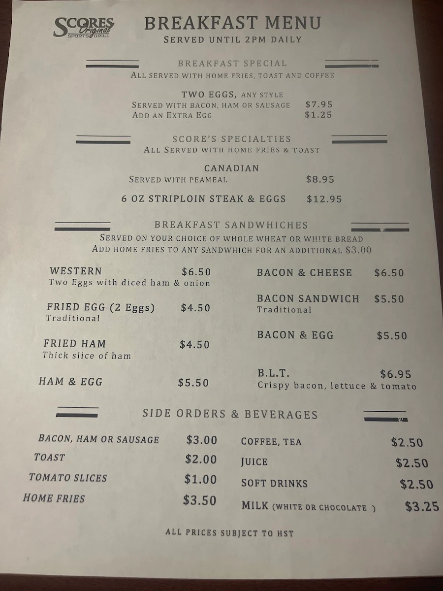 Menu, Scores Original Sports Grill