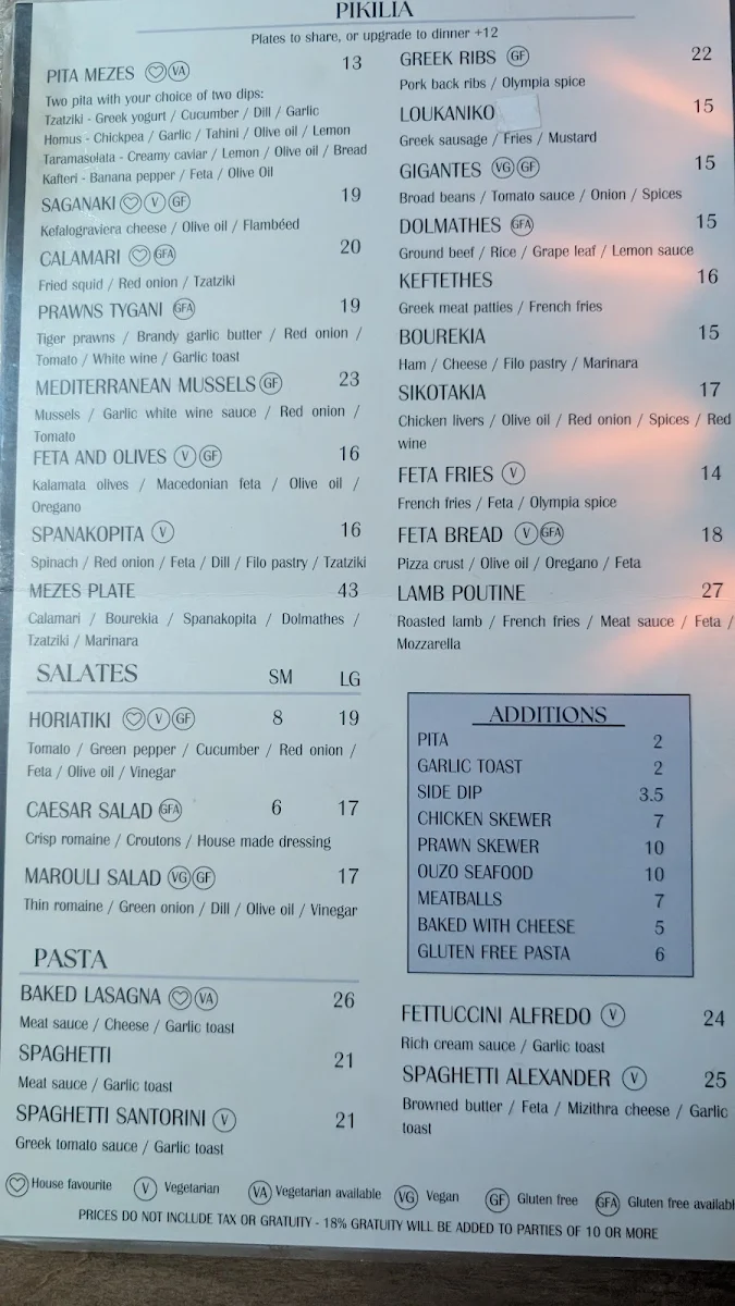 Menu, Olympia Greek Taverna