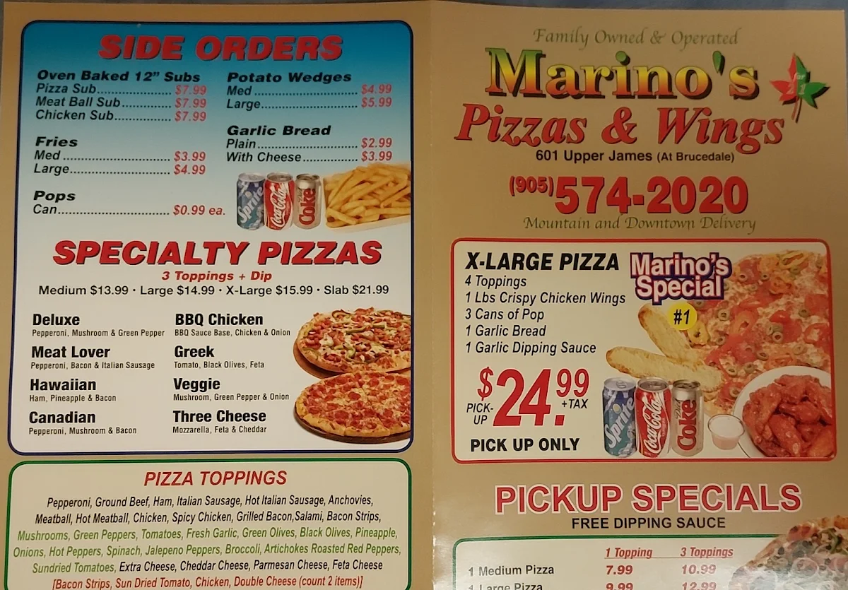 Menu, Marino Pizza And Wings