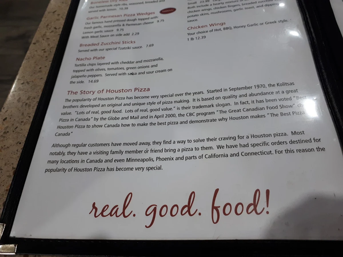 Menu, Houston Pizza