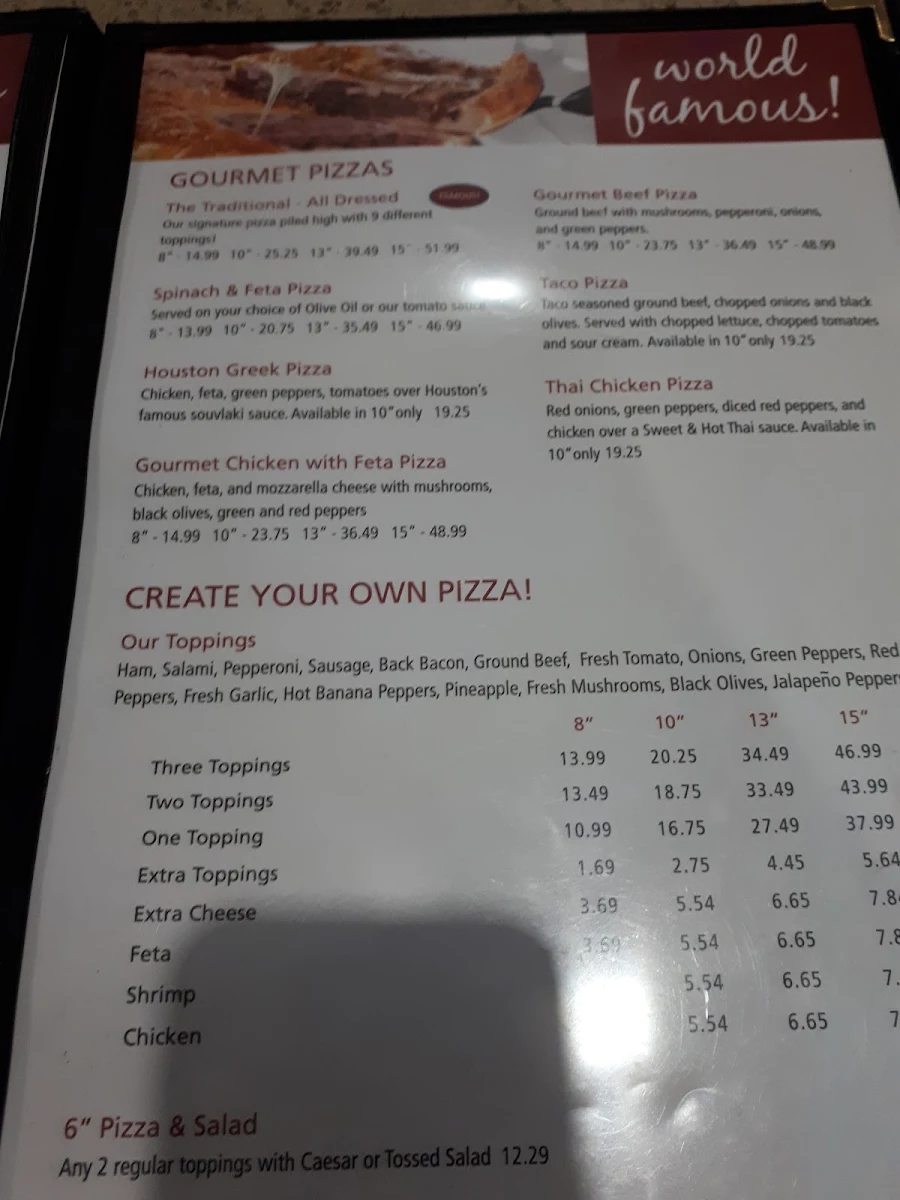Menu, Houston Pizza