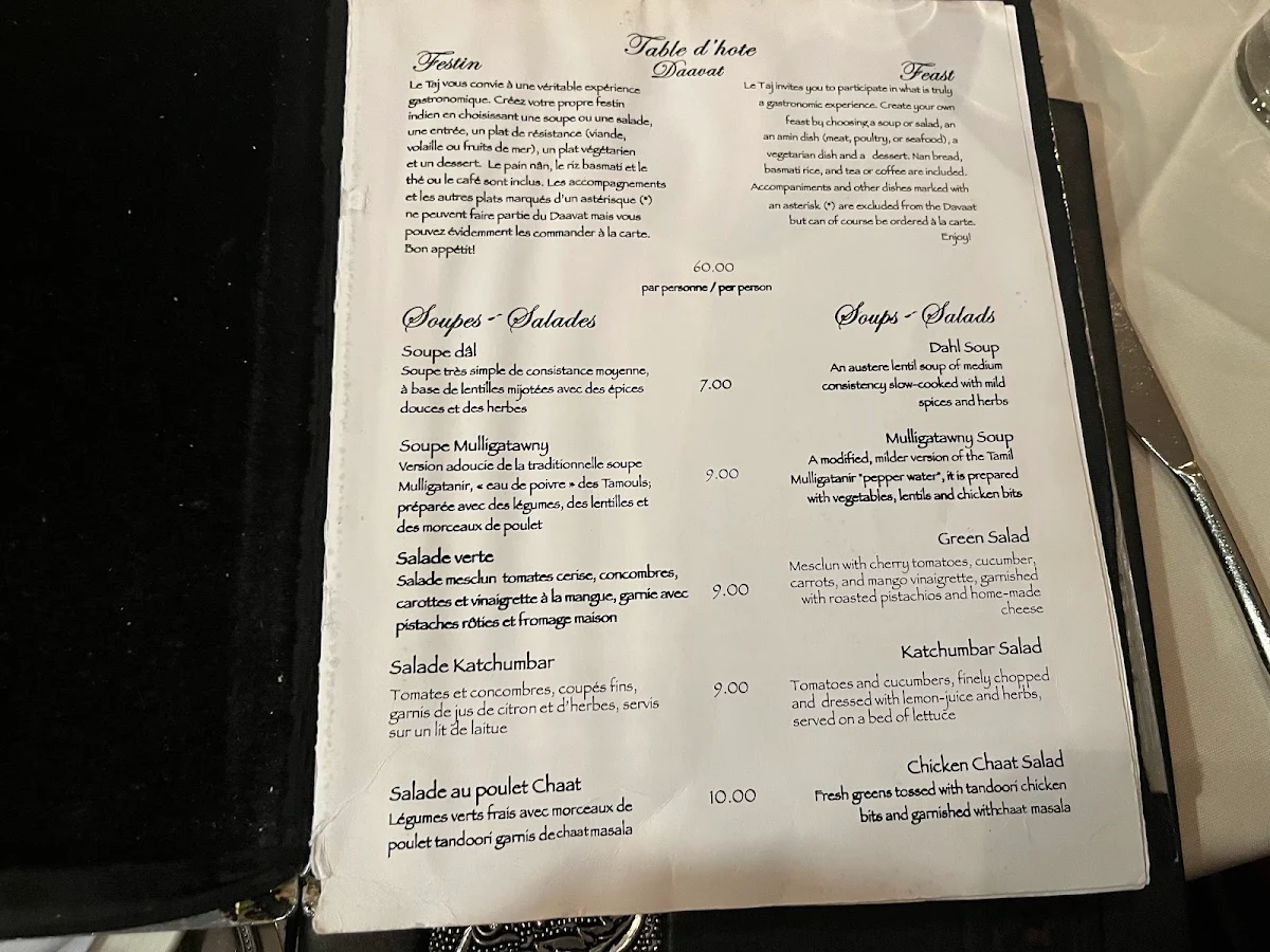 Menu, Le Taj