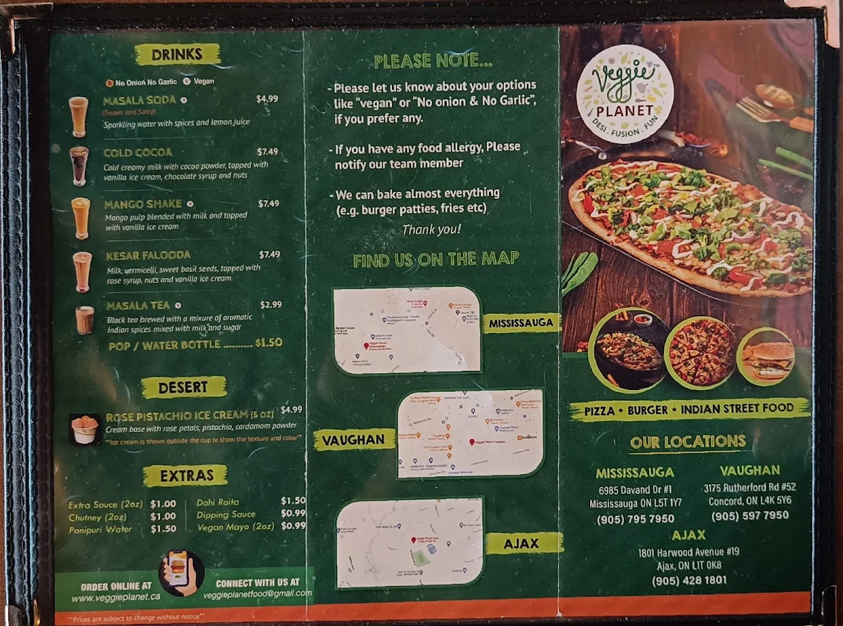 Menu, Veggie Planet Vaughan - Vegetarian Indian Pizza, Burger and Street food Restaurant