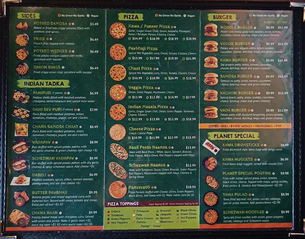 Menu, Veggie Planet Vaughan - Vegetarian Indian Pizza, Burger and Street food Restaurant