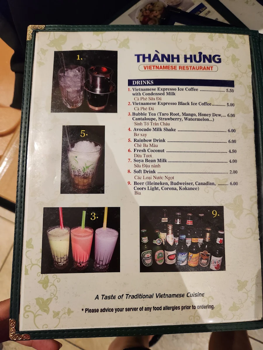 Menu, Thành Hưng Vietnamese Restaurant