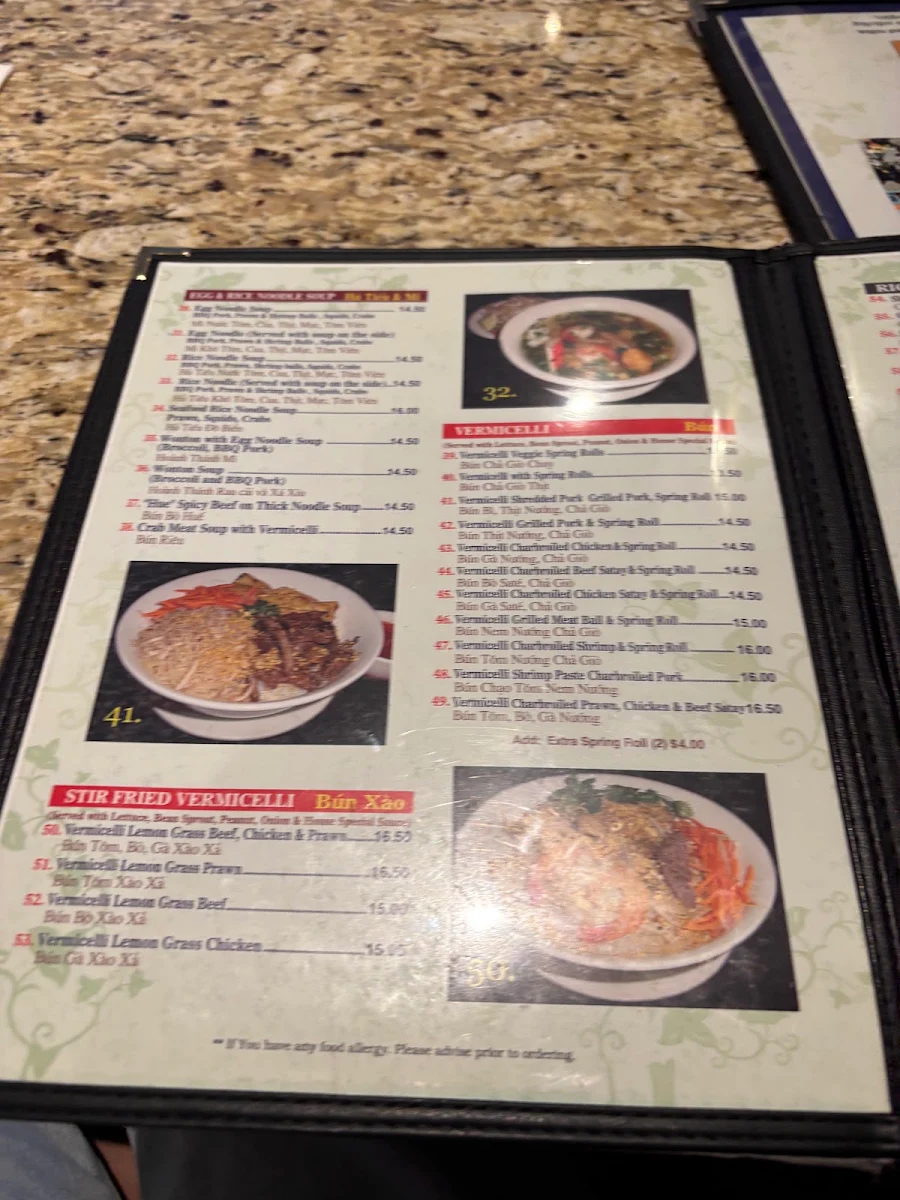 Menu, Thành Hưng Vietnamese Restaurant