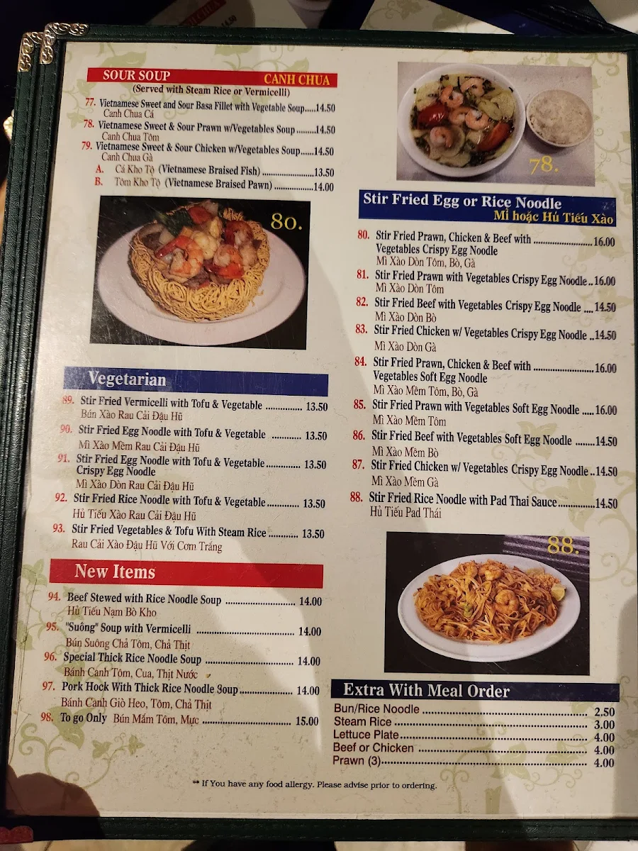 Menu, Thành Hưng Vietnamese Restaurant