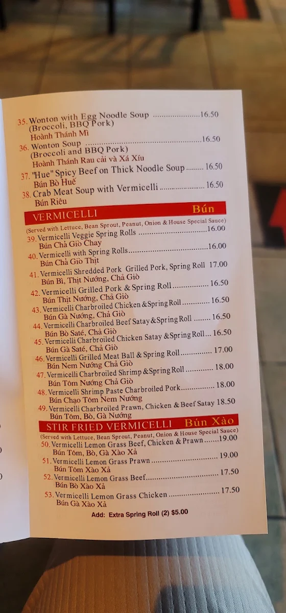Menu, Thành Hưng Vietnamese Restaurant