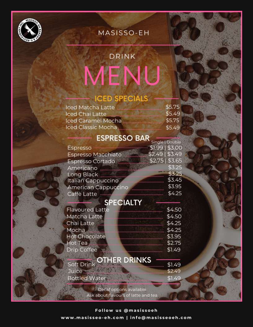 Menu, Masisseo-Eh Bakery & K-Restaurant Inc.