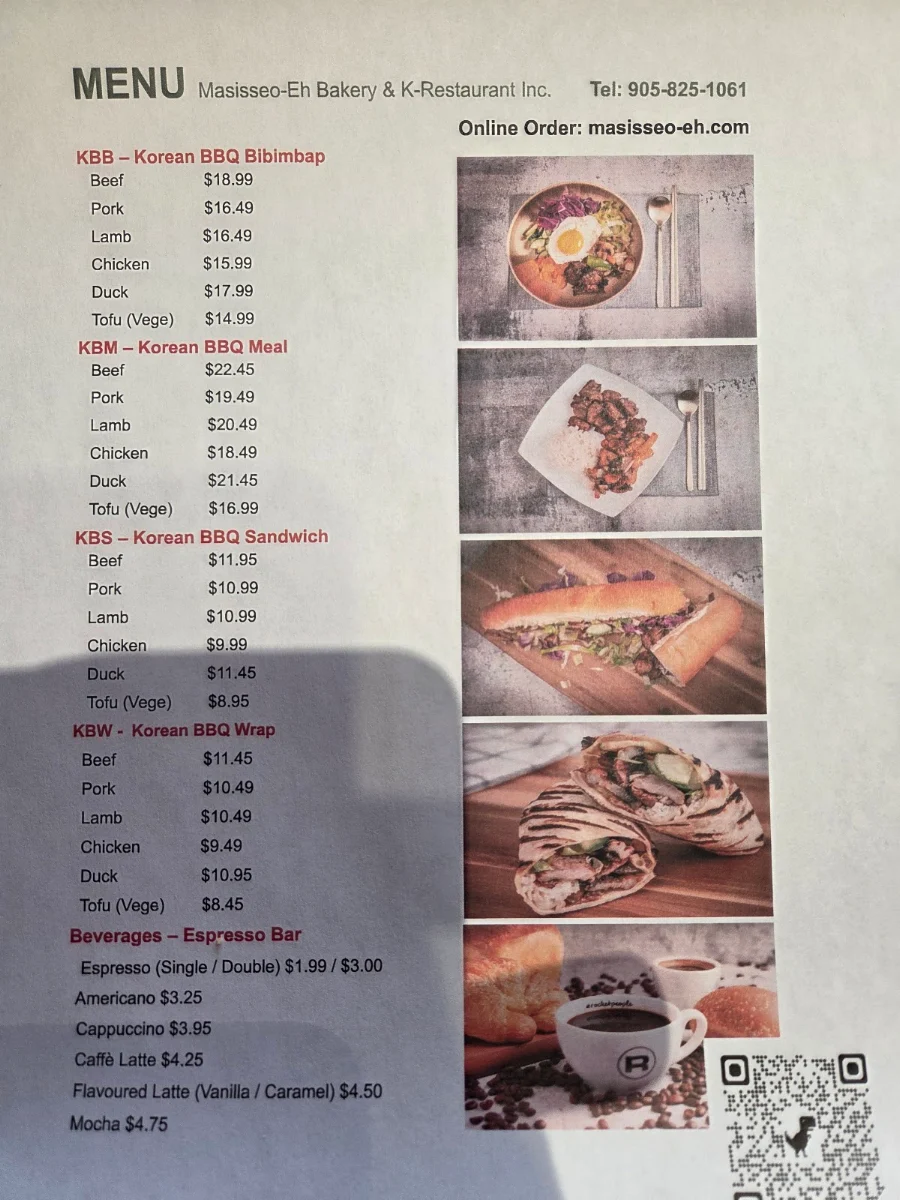 Menu, Masisseo-Eh Bakery & K-Restaurant Inc.