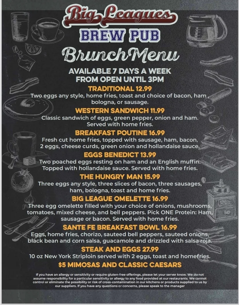 Menu, Big Leagues Brew Pub- Bayer's Lake