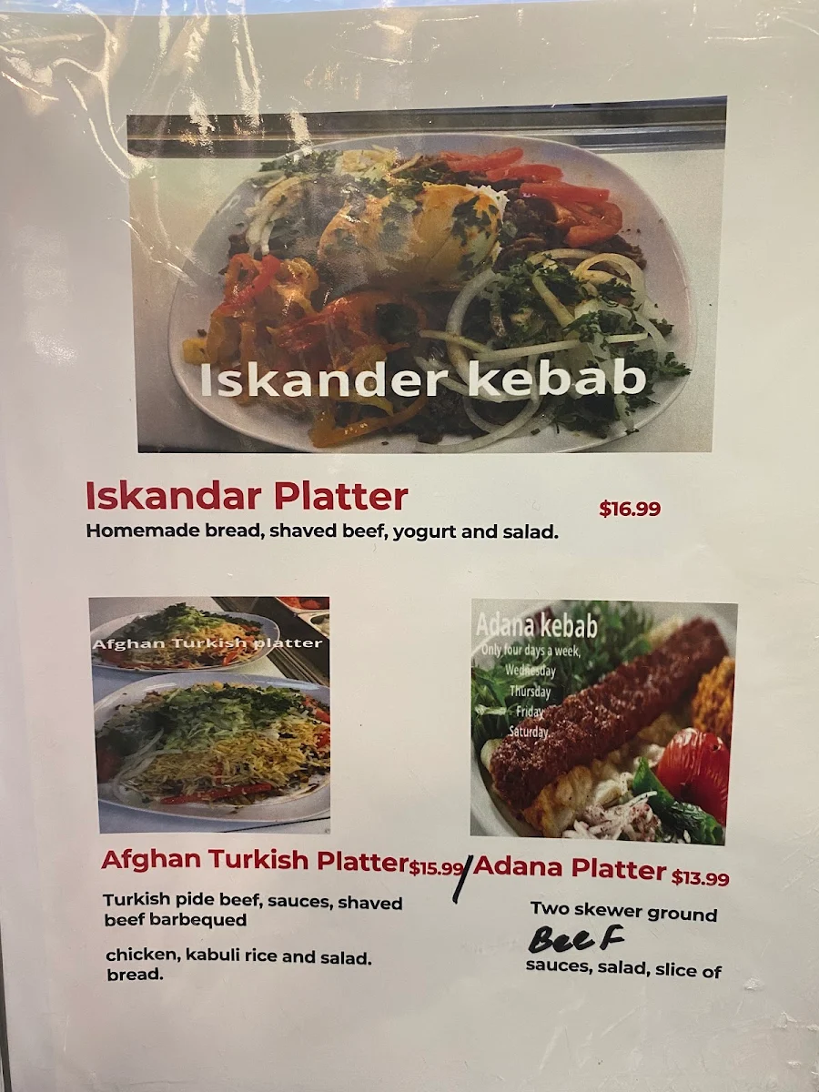 Menu, Afghan Turkish Cuisine
