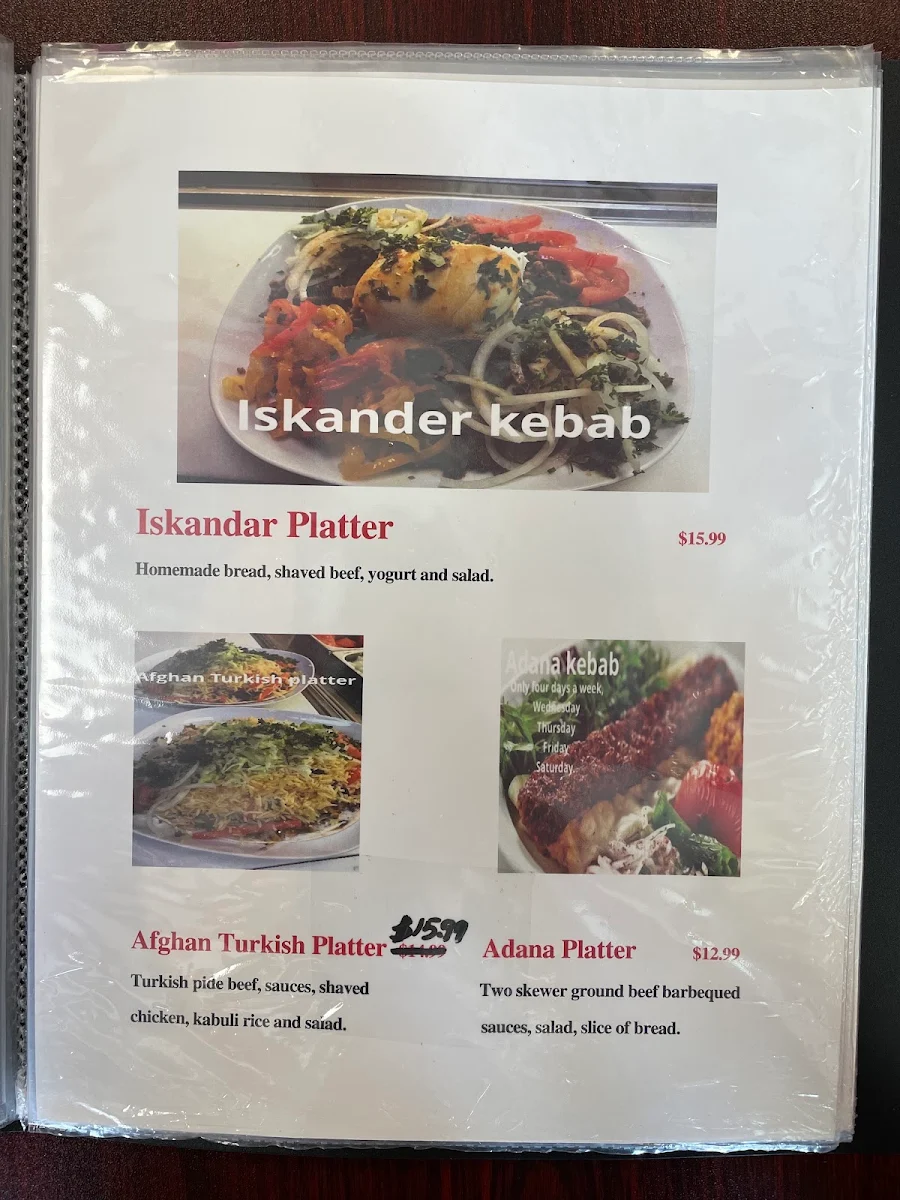 Menu, Afghan Turkish Cuisine