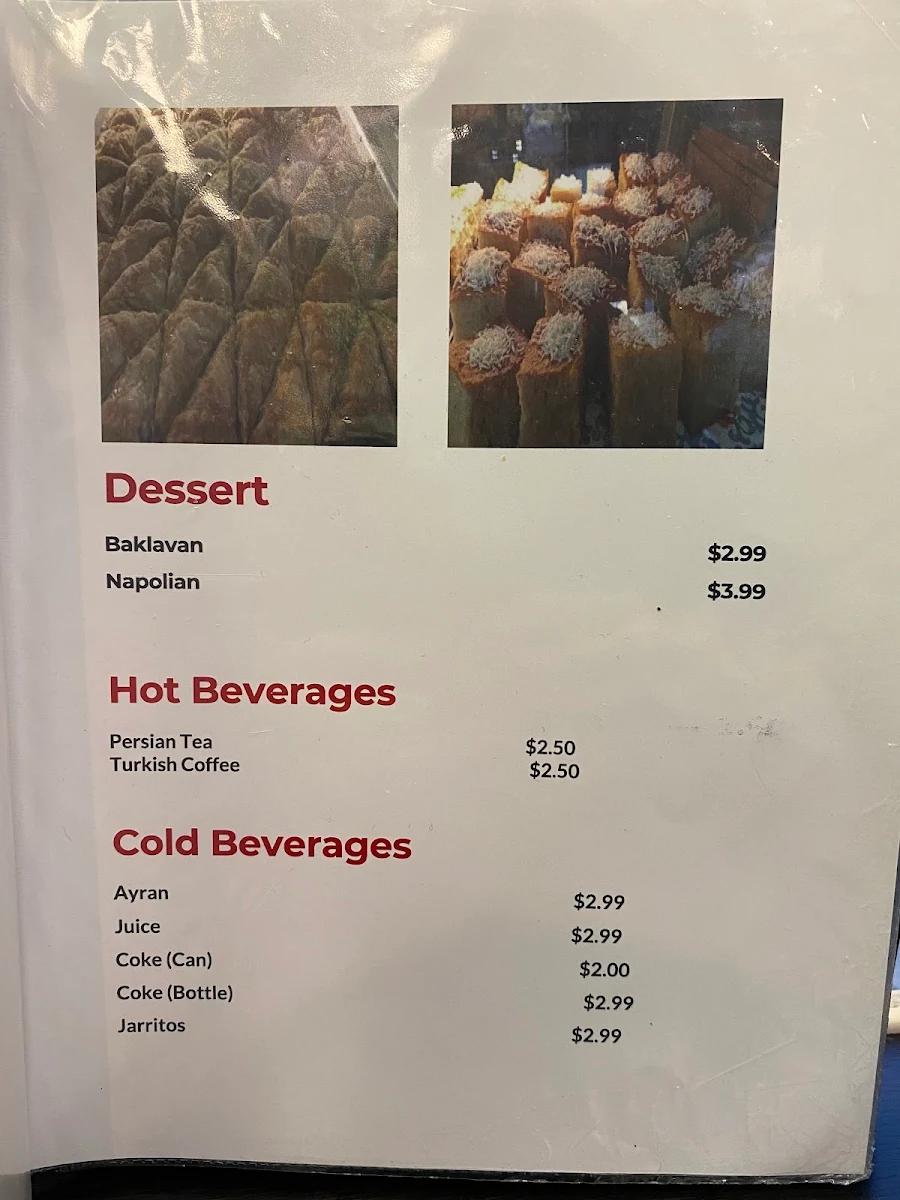 Menu, Afghan Turkish Cuisine