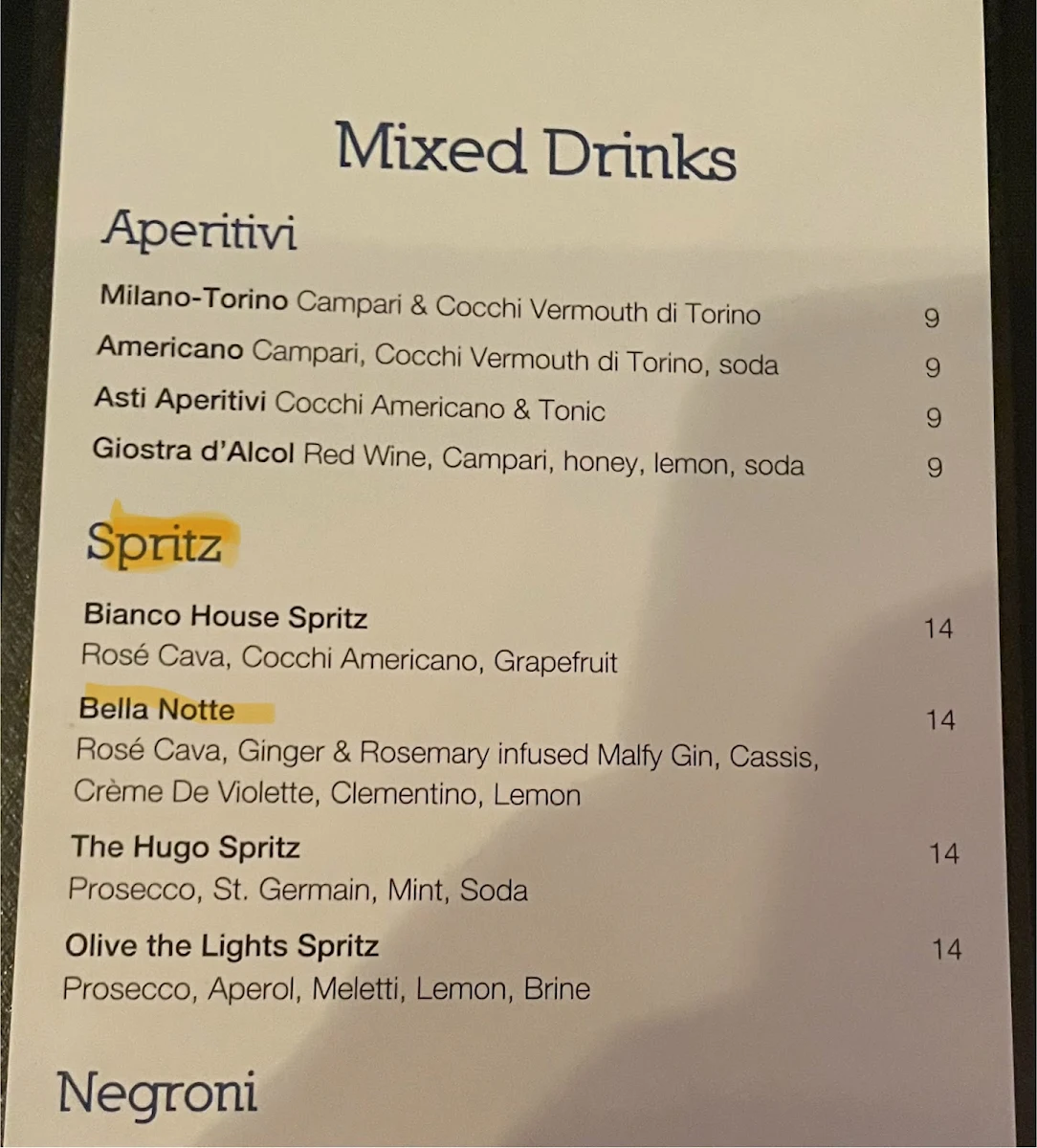 Menu, Bianco