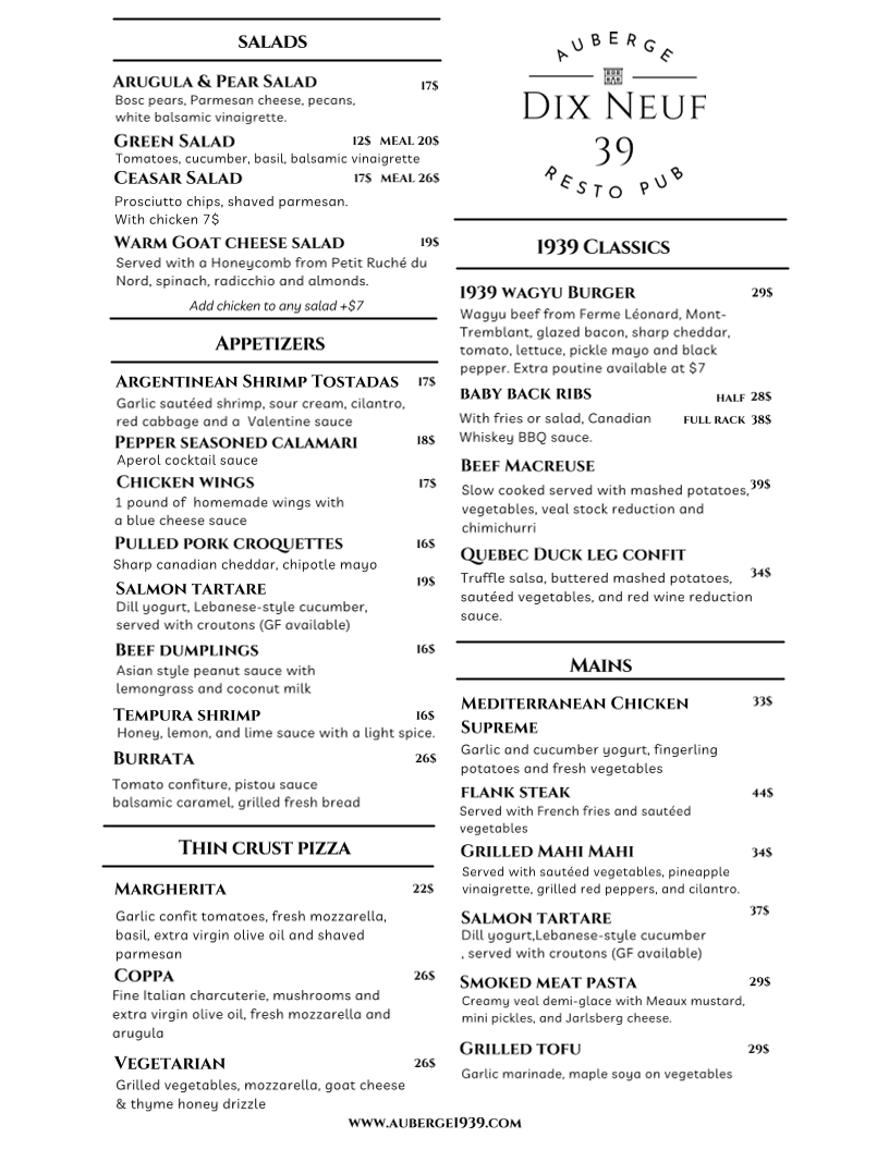 Menu, Resto Pub Auberge 1939
