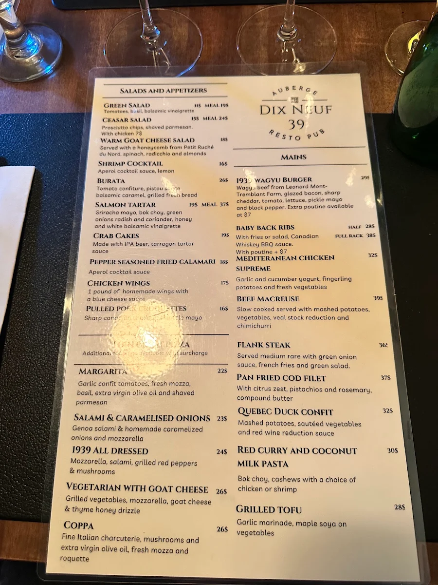 Menu, Resto Pub Auberge 1939