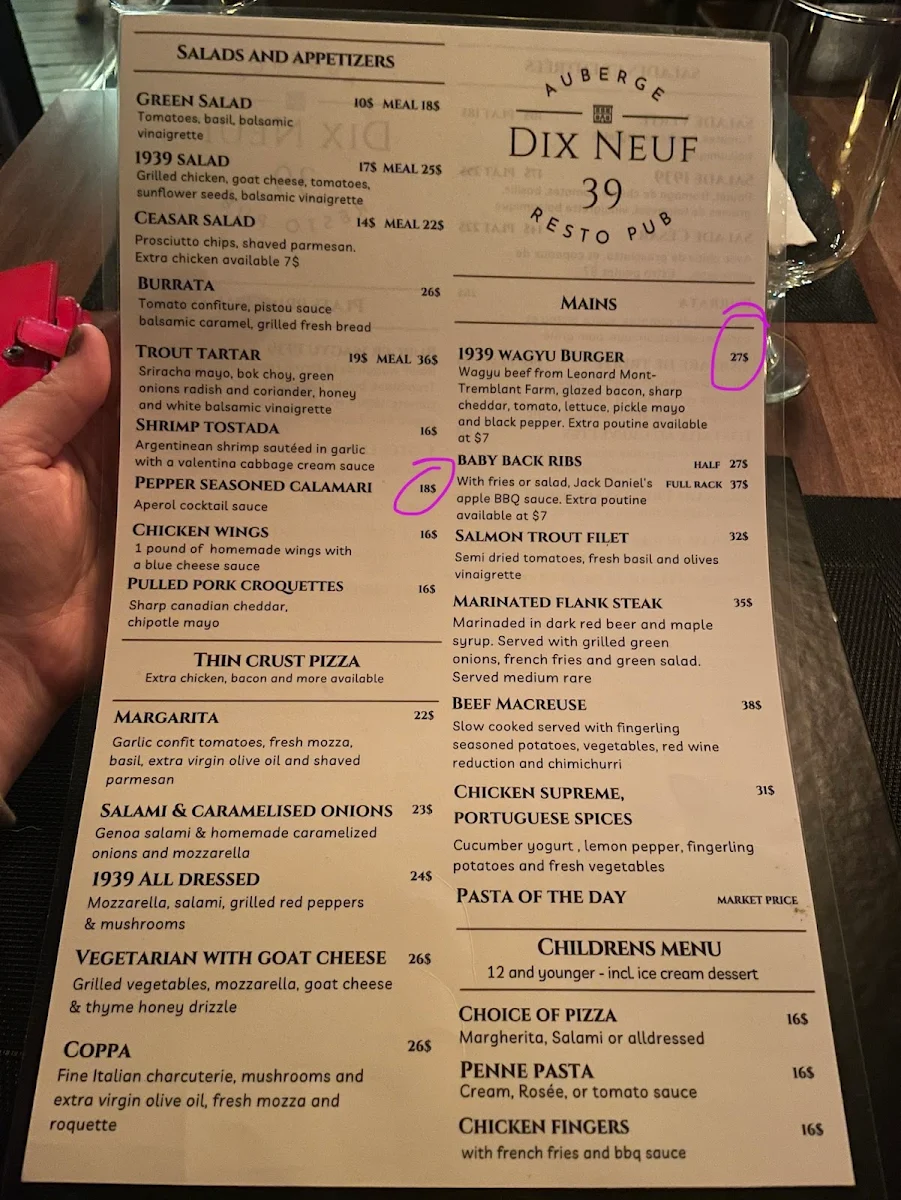 Menu, Resto Pub Auberge 1939