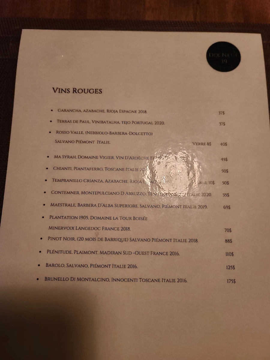 Menu, Resto Pub Auberge 1939