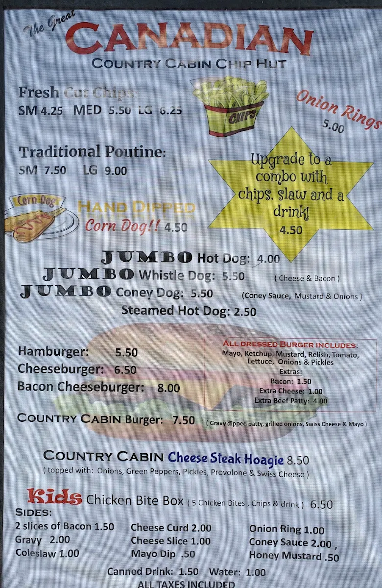 Menu, Beverley Burgers & Fries / The Great Canadian Country Cabin Chip Hut