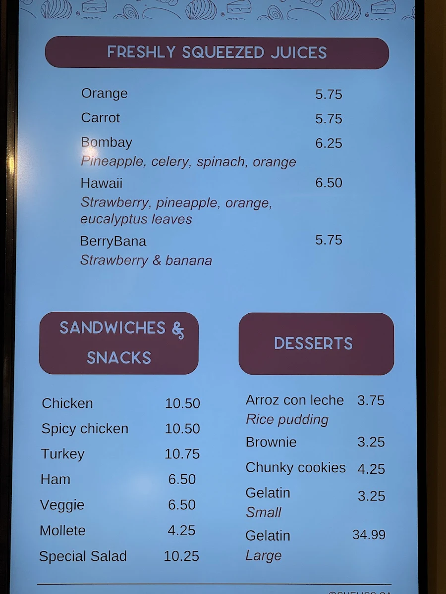 Menu, SHELISS BAKESHOP