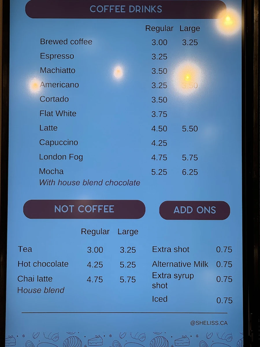 Menu, SHELISS BAKESHOP