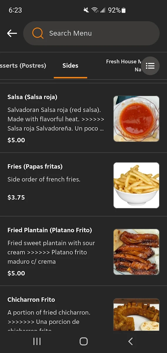 Menu, Mi Tienda Latina