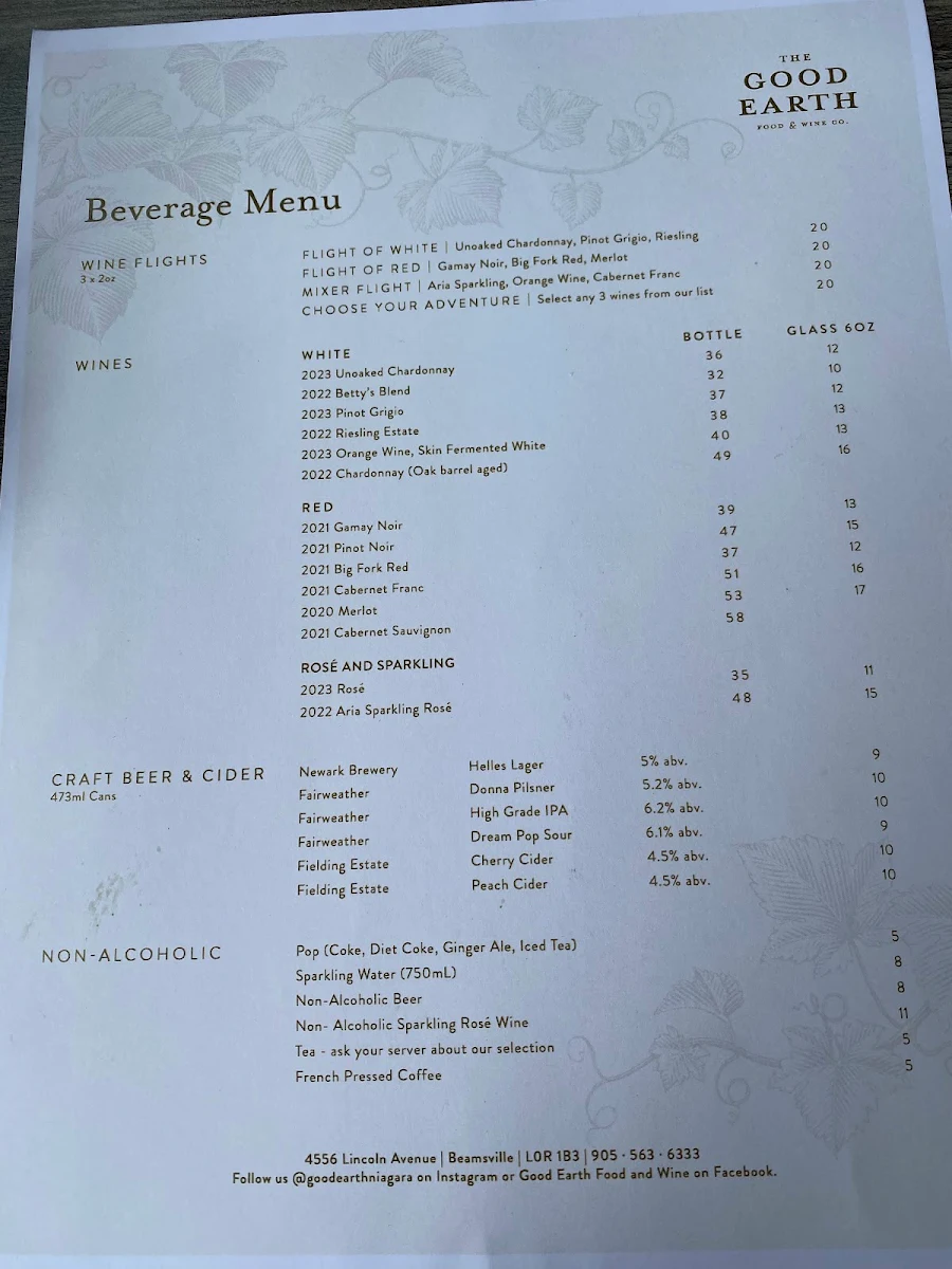 Menu, The Good Earth Food and Wine Co.