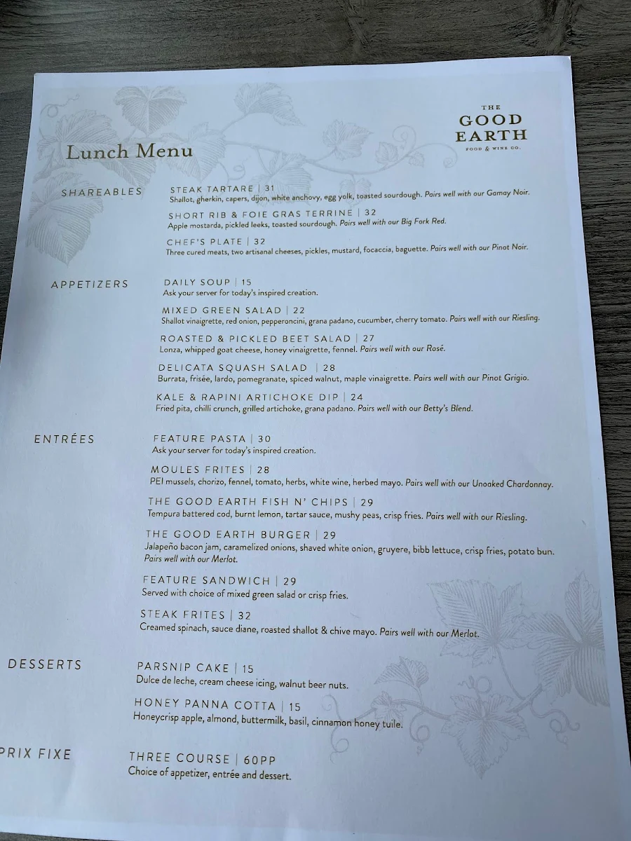 Menu, The Good Earth Food and Wine Co.