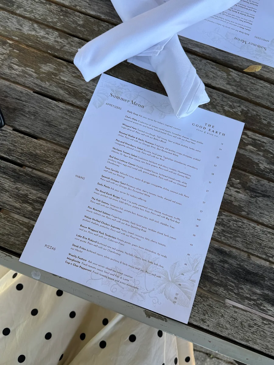Menu, The Good Earth Food and Wine Co.