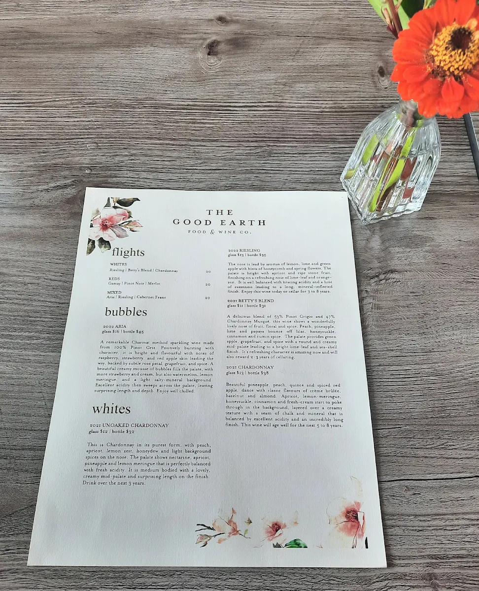 Menu, The Good Earth Food and Wine Co.